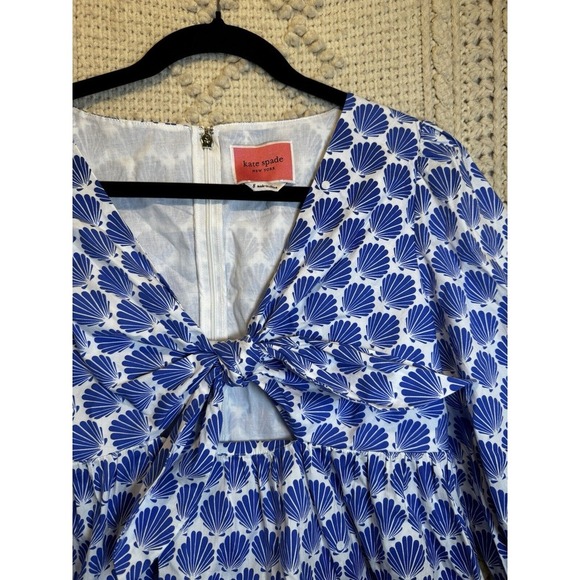 Kate Spade New York White Blue‎ Clamshells 3/4 Sleeve Blouse Shirt Knot Size 8 - Picture 2 of 6